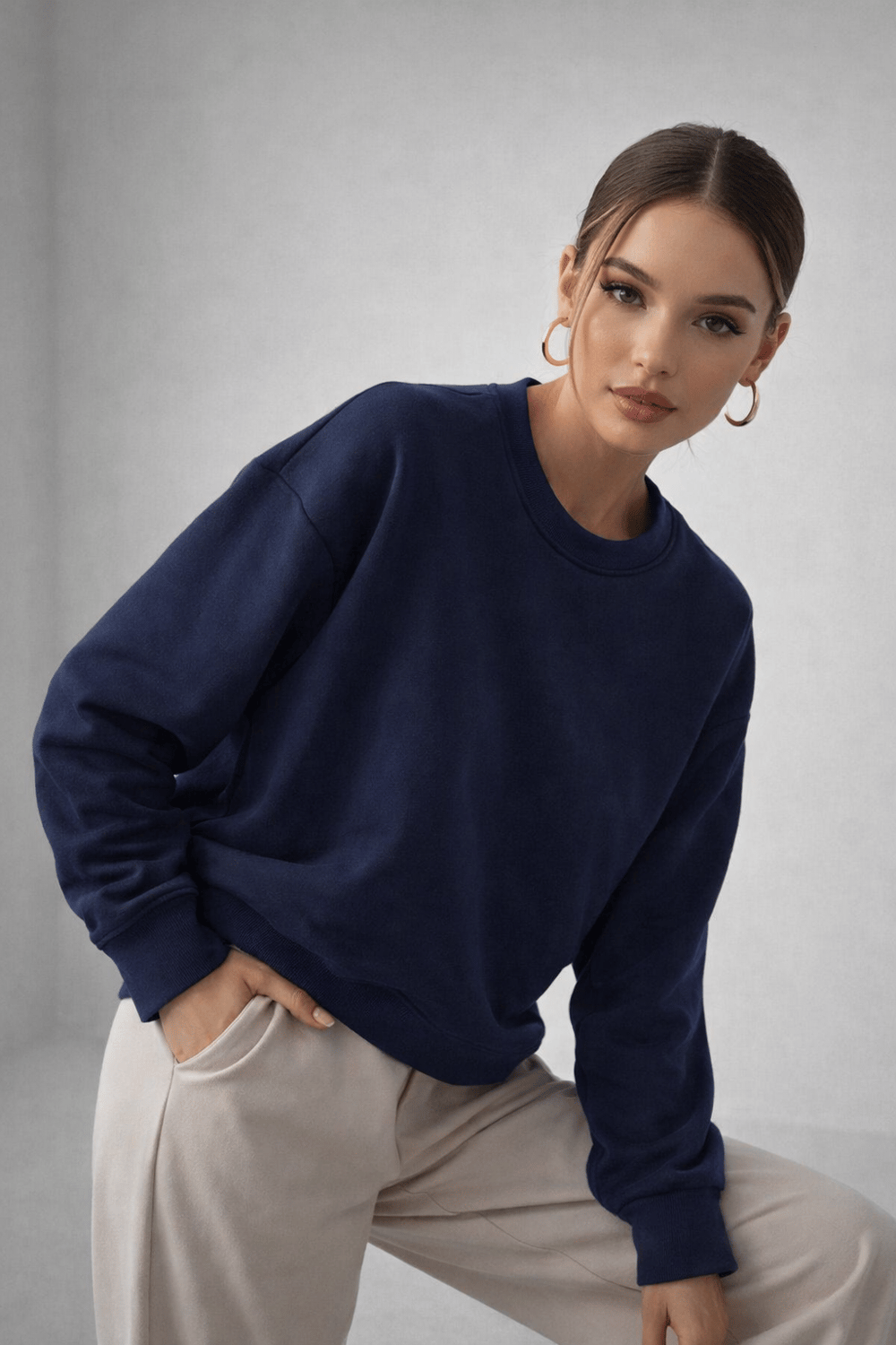 Kadın Lacivert Pamuklu Interlock Oversize Sweatshirt