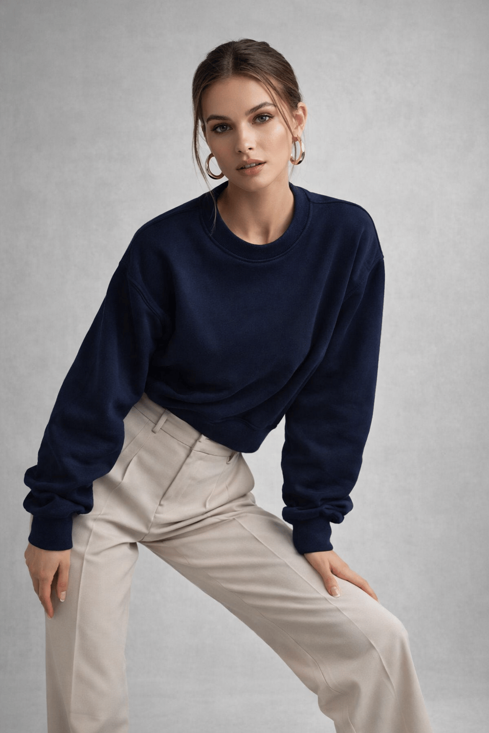 Kadın Lacivert Pamuklu Interlock Oversize Sweatshirt