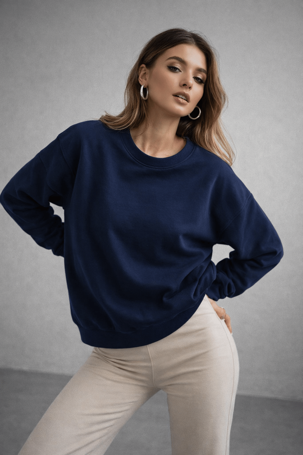 Kadın Lacivert Pamuklu Interlock Oversize Sweatshirt