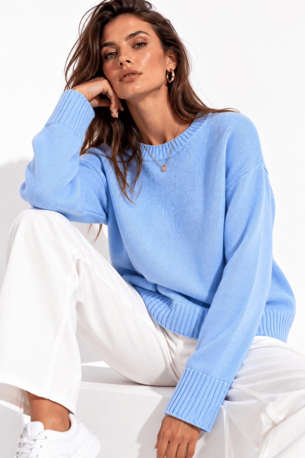 Kadın Mavi Bisiklet Yaka Soft Touch Oversize Triko Kazak
