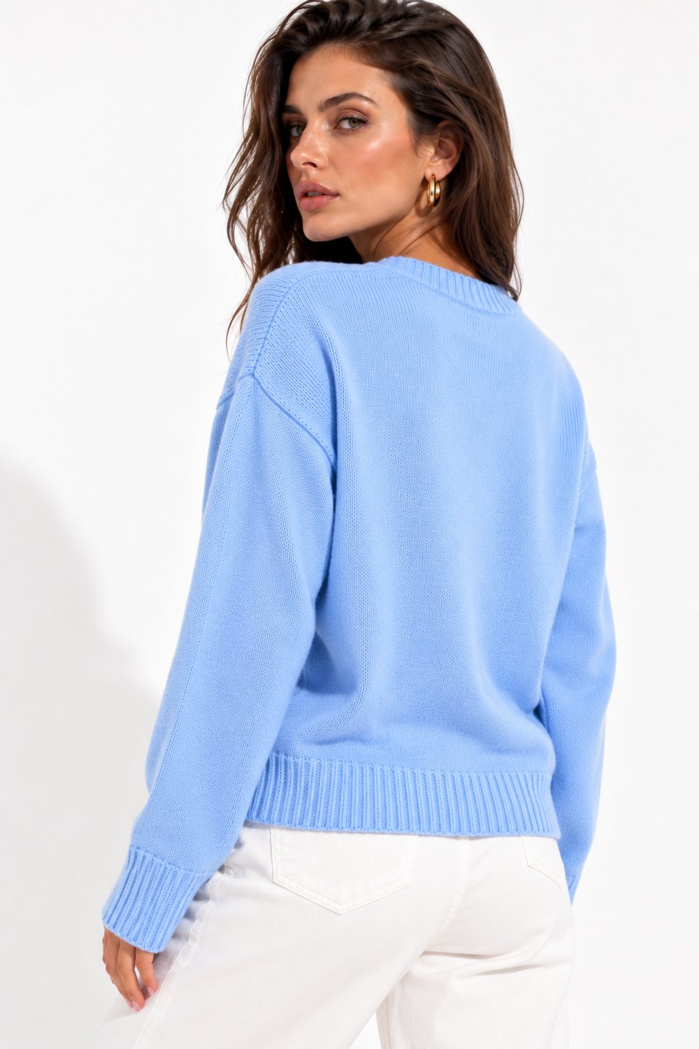 Kadın Mavi Bisiklet Yaka Soft Touch Oversize Triko Kazak