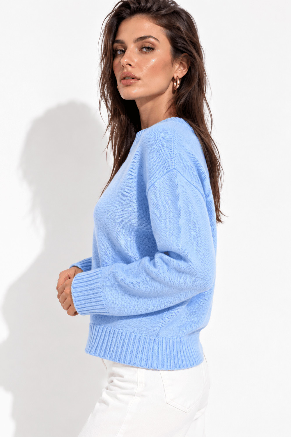 Kadın Mavi Bisiklet Yaka Soft Touch Oversize Triko Kazak
