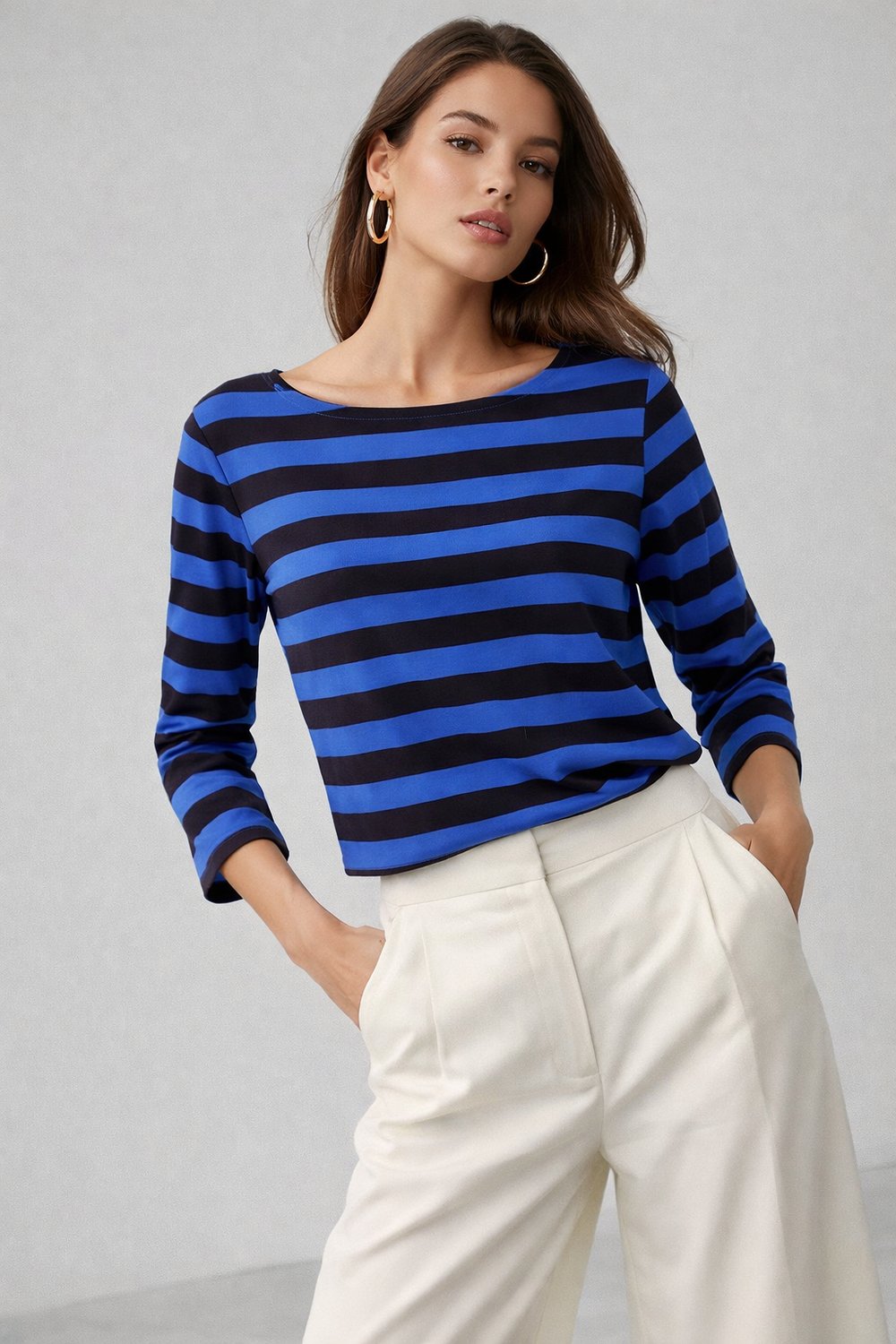 Kadın Mavi Çizgili Kayık Yaka Bilek Üstü Uzun Kollu Bluz