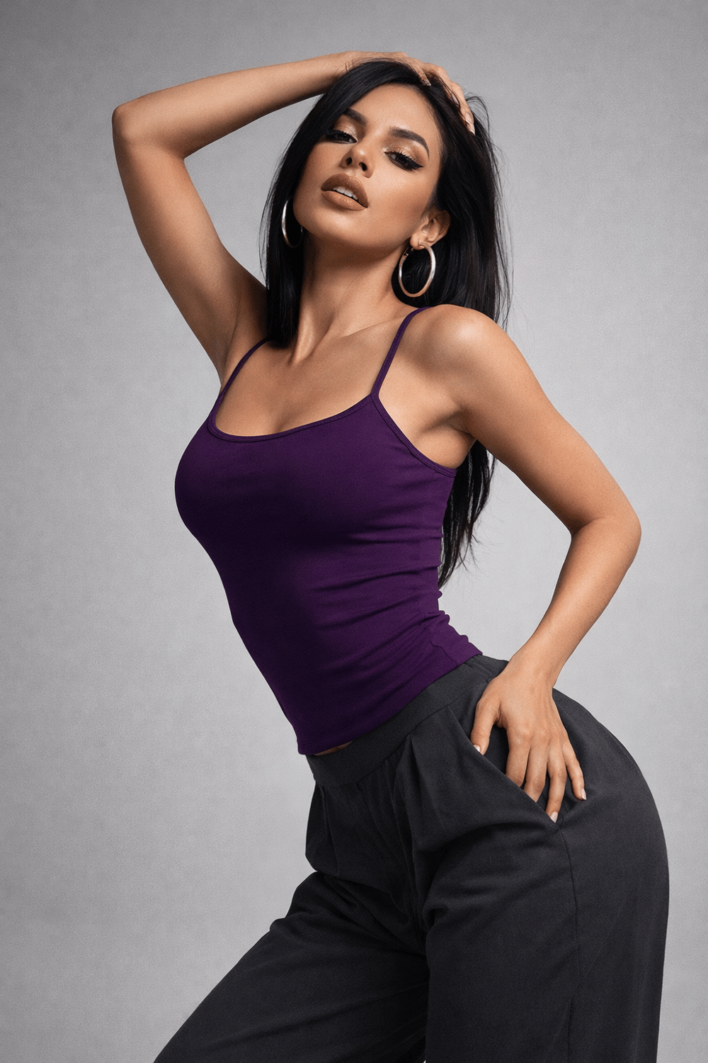 Kadın Mor Slim Fit Bisiklet Yaka Askılı Crop Atlet