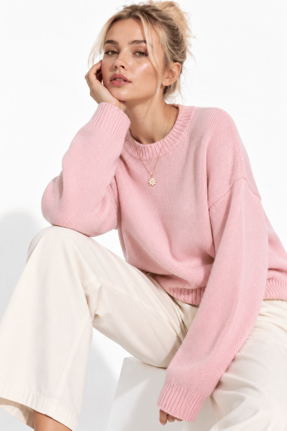 Kadın Pembe Bisiklet Yaka Soft Touch Oversize Triko Kazak