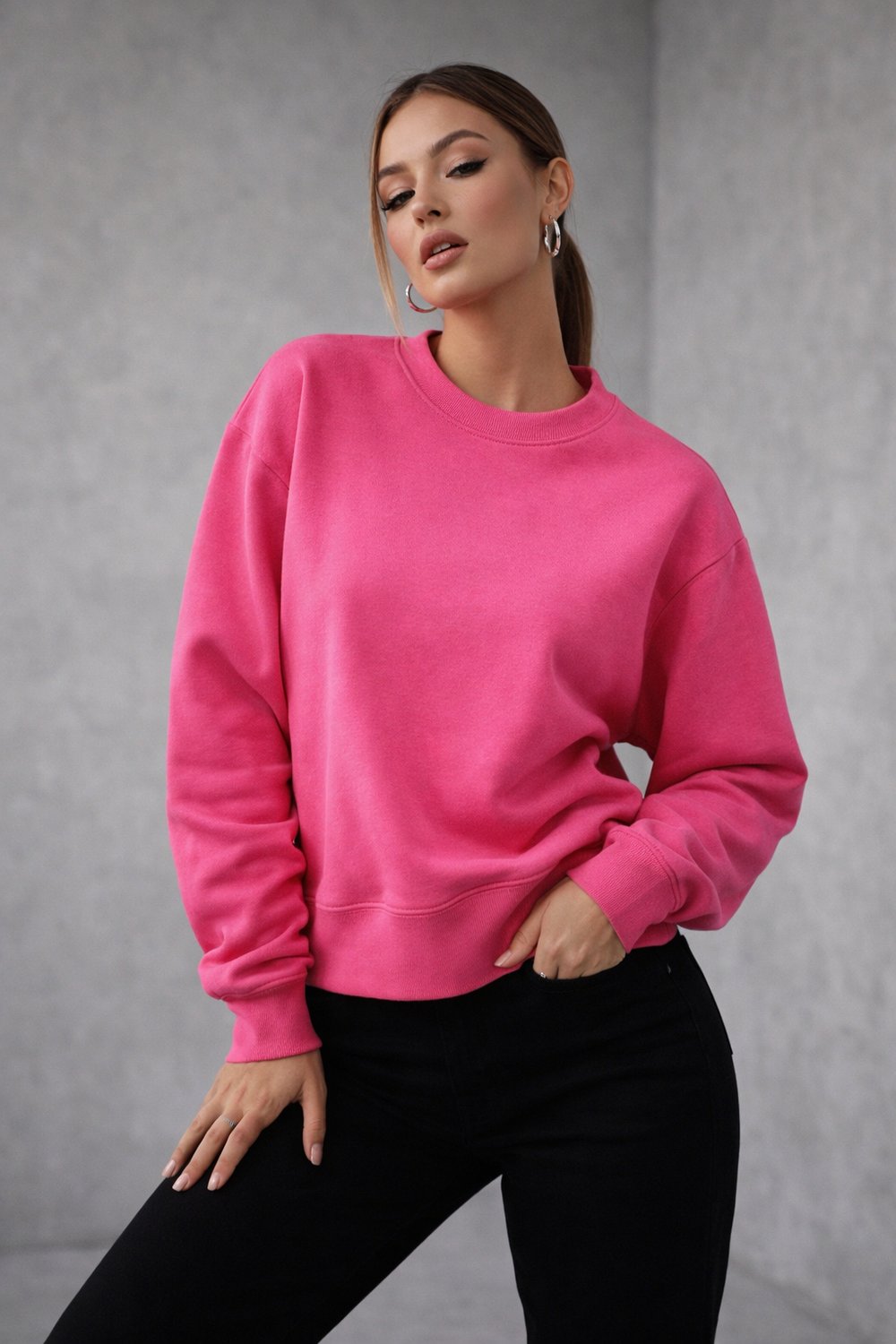 Kadın Pembe Pamuklu Interlock Oversize Sweatshirt