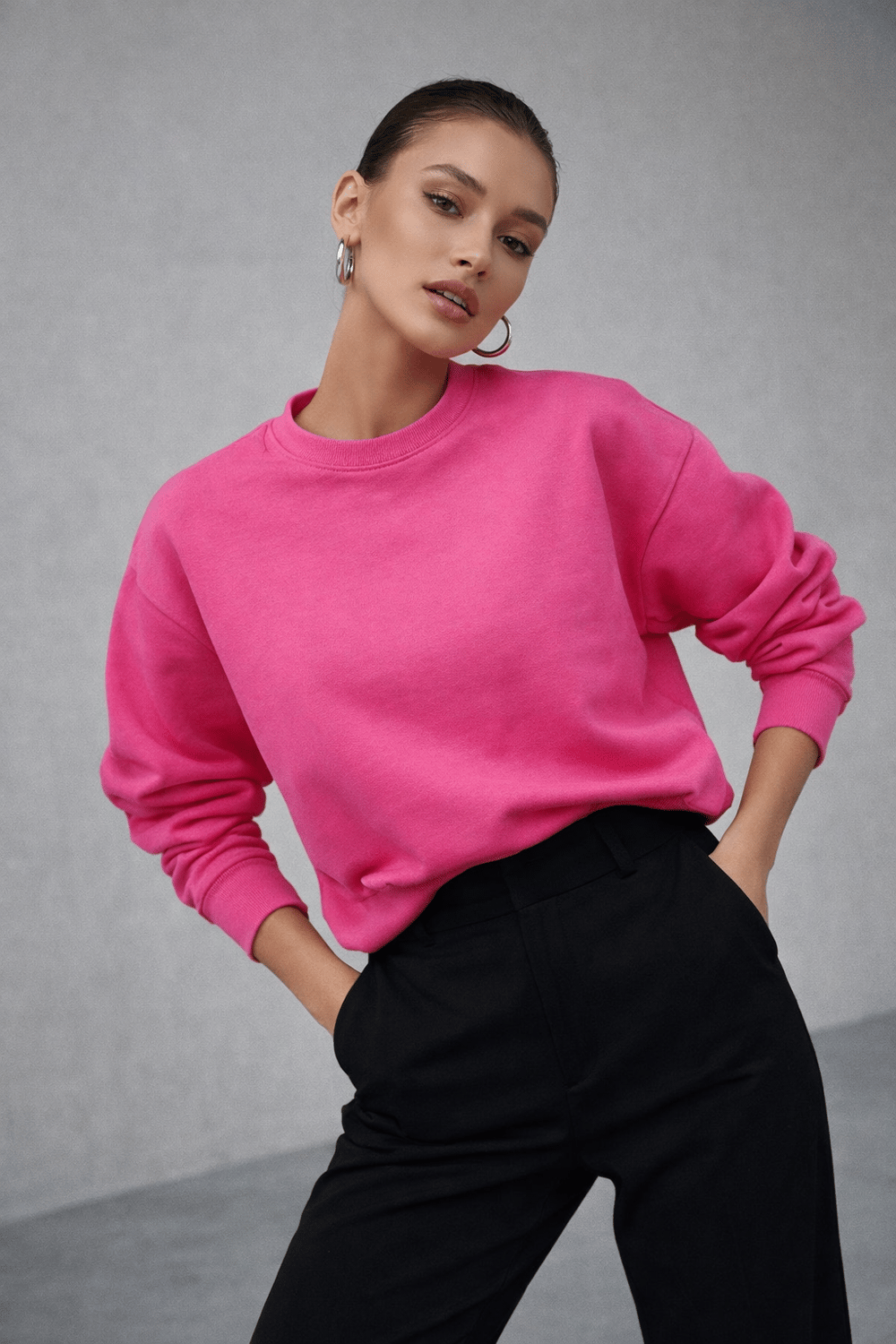 Kadın Pembe Pamuklu Interlock Oversize Sweatshirt