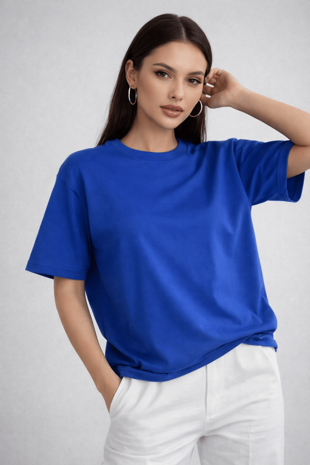 Kadın Saks Mavi Bisiklet Yaka Oversize Pamuklu Tişört