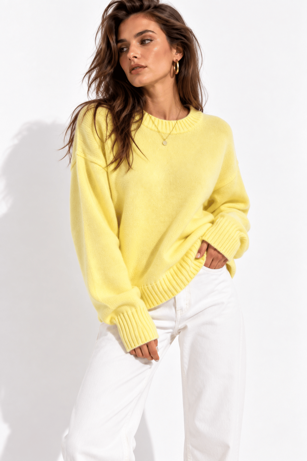 Kadın Sarı Bisiklet Yaka Soft Touch Oversize Triko Kazak