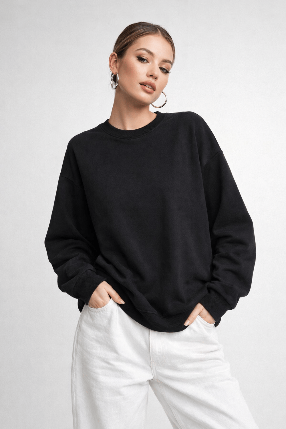 Kadın Siyah Bisiklet Yaka Uzun Kollu Oversize Sweatshirt
