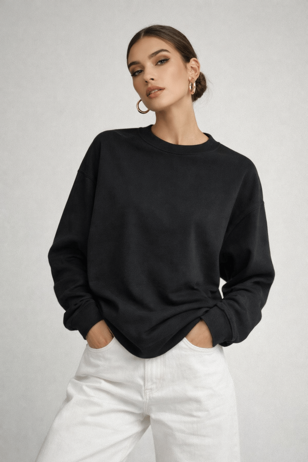 Kadın Siyah Bisiklet Yaka Uzun Kollu Oversize Sweatshirt
