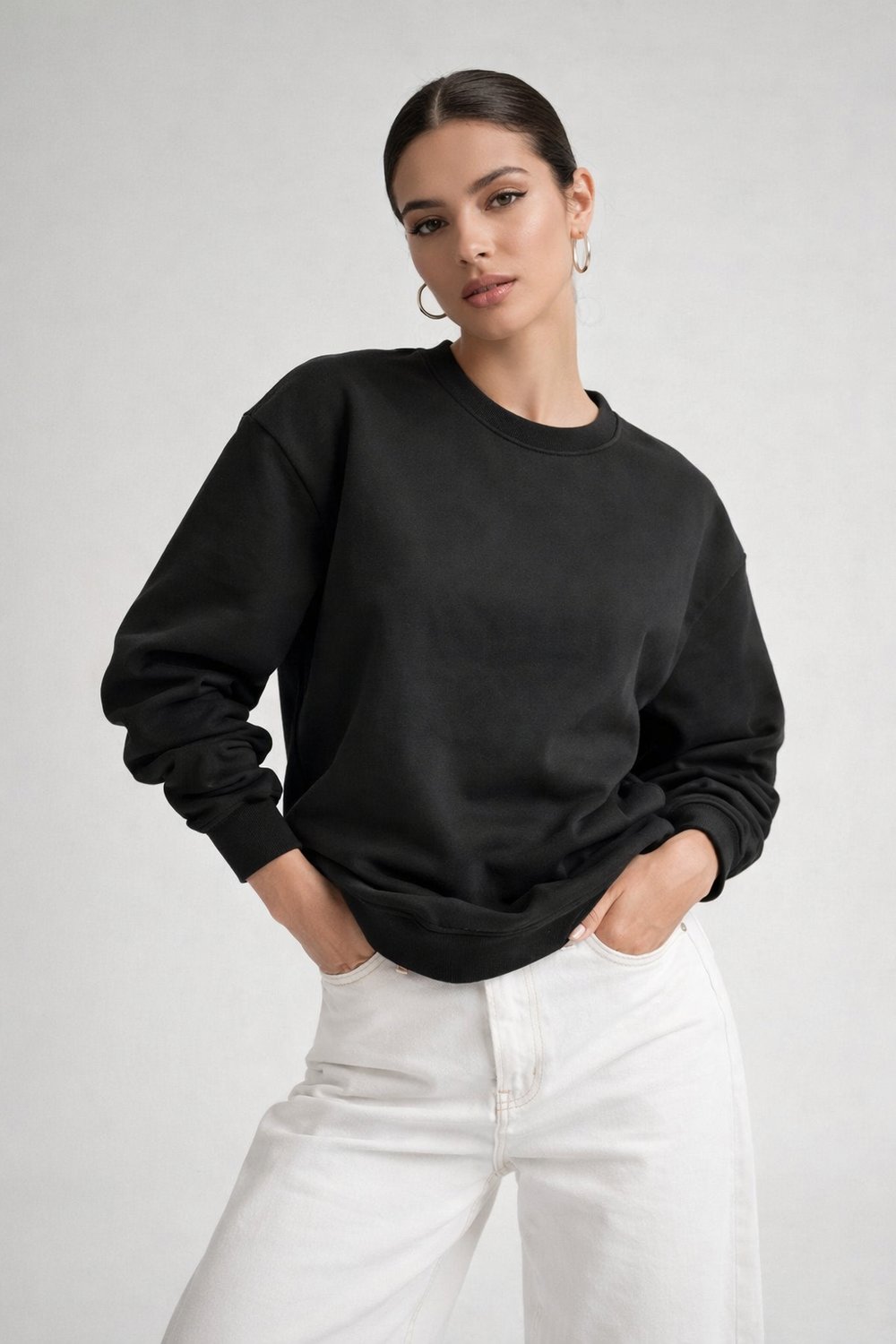 Kadın Siyah Bisiklet Yaka Uzun Kollu Oversize Sweatshirt