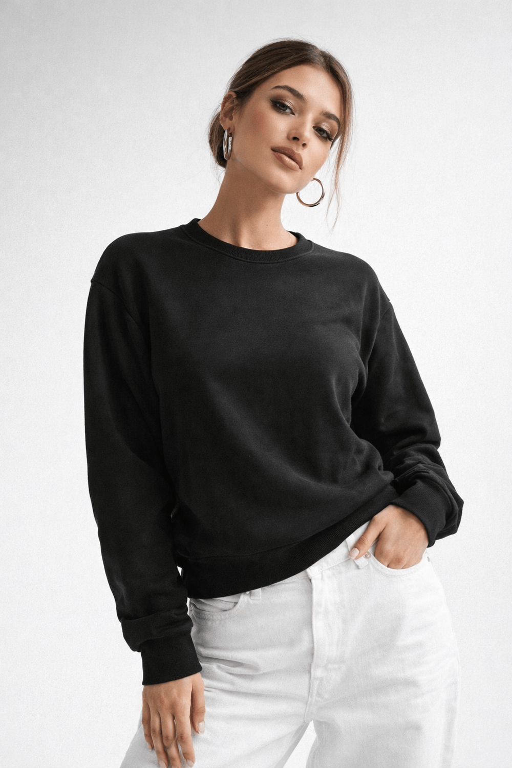 Kadın Siyah Bisiklet Yaka Uzun Kollu Oversize Sweatshirt