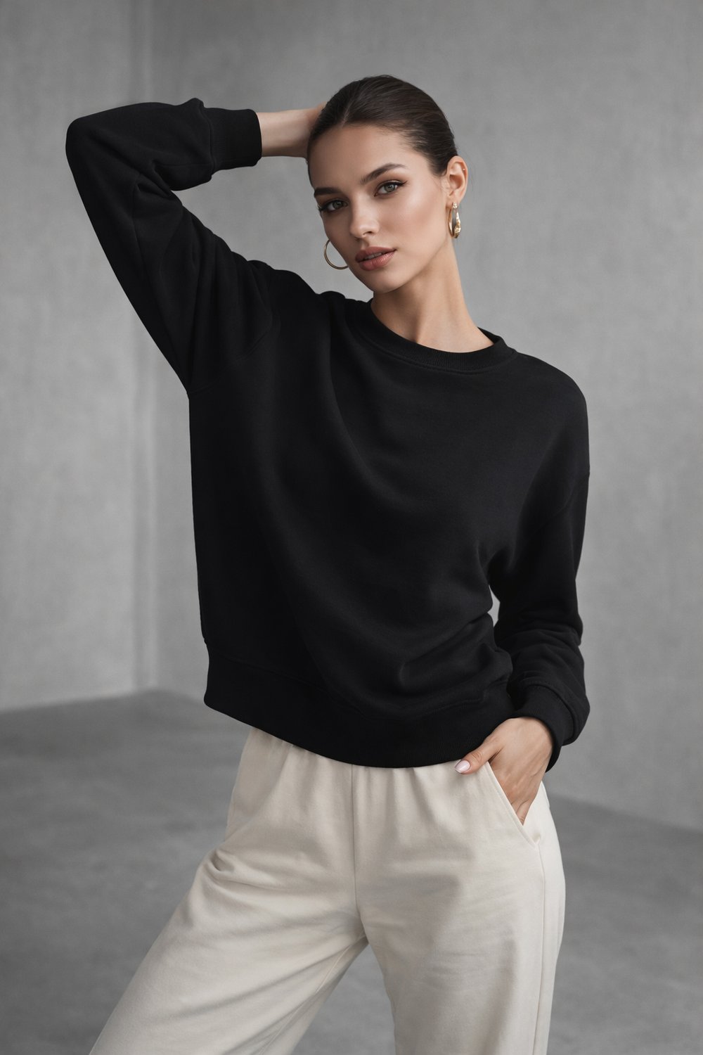 Kadın Siyah Pamuklu Interlock Oversize Sweatshirt