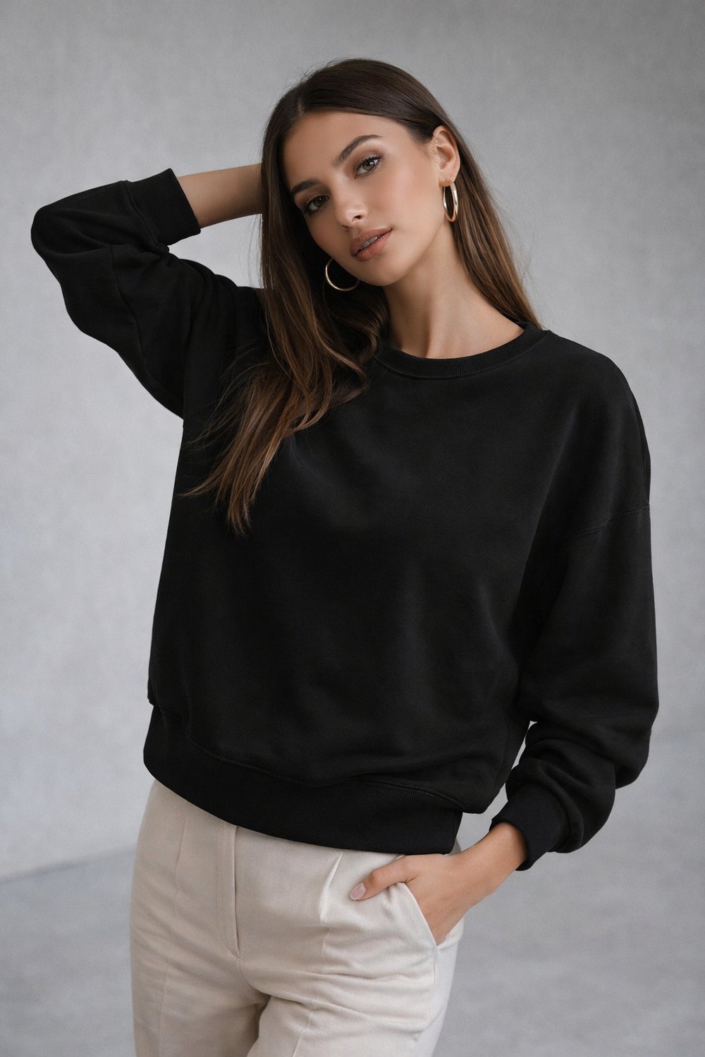 Kadın Siyah Pamuklu Interlock Oversize Sweatshirt