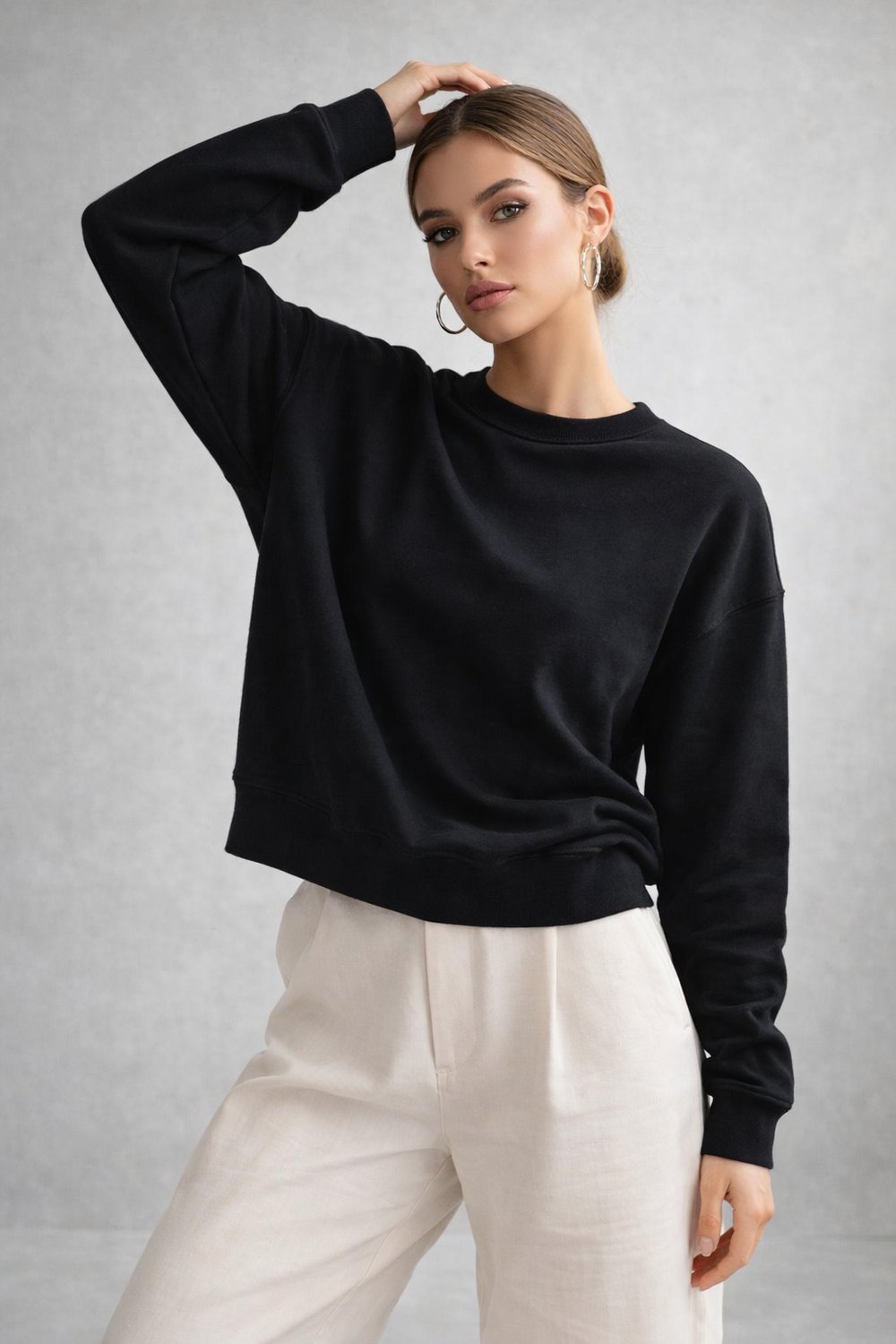 Kadın Siyah Pamuklu Interlock Oversize Sweatshirt