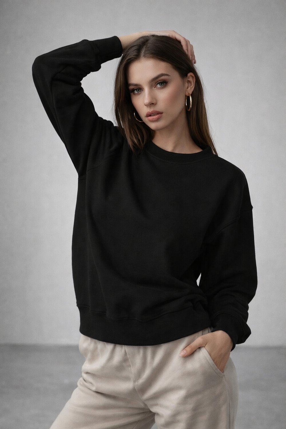 Kadın Siyah Pamuklu Interlock Oversize Sweatshirt