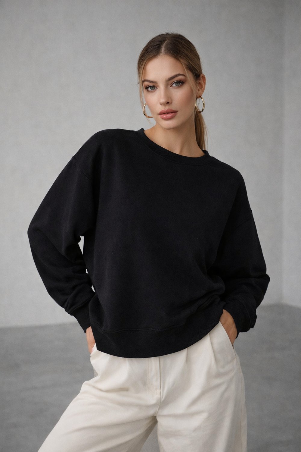 Kadın Siyah Pamuklu Interlock Oversize Sweatshirt