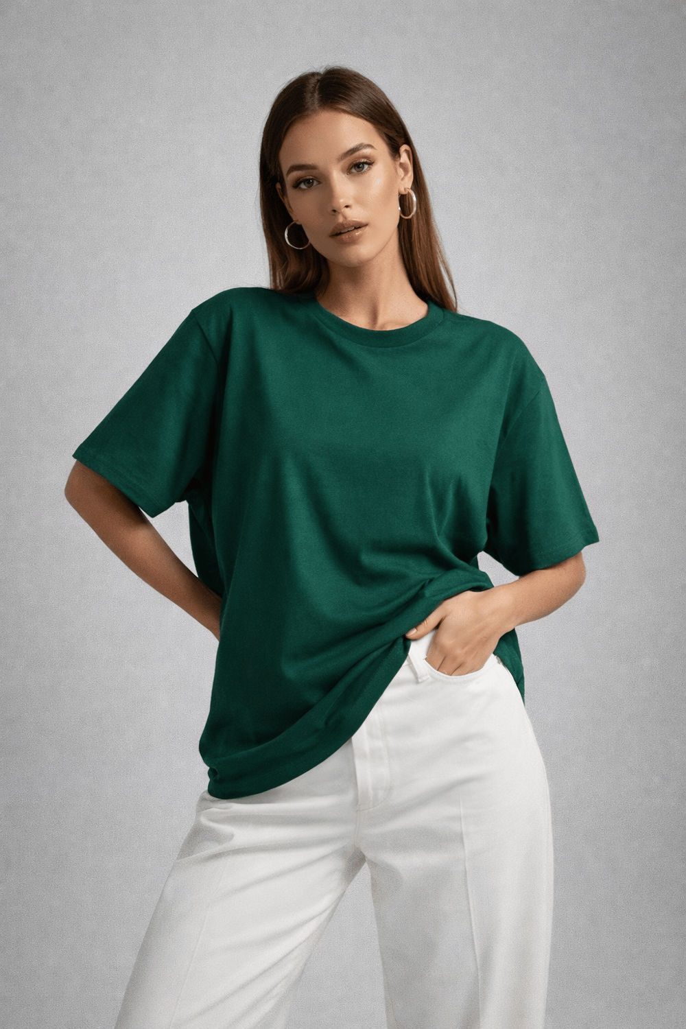 Kadın Yeşil Bisiklet Yaka Oversize Pamuklu Tişört