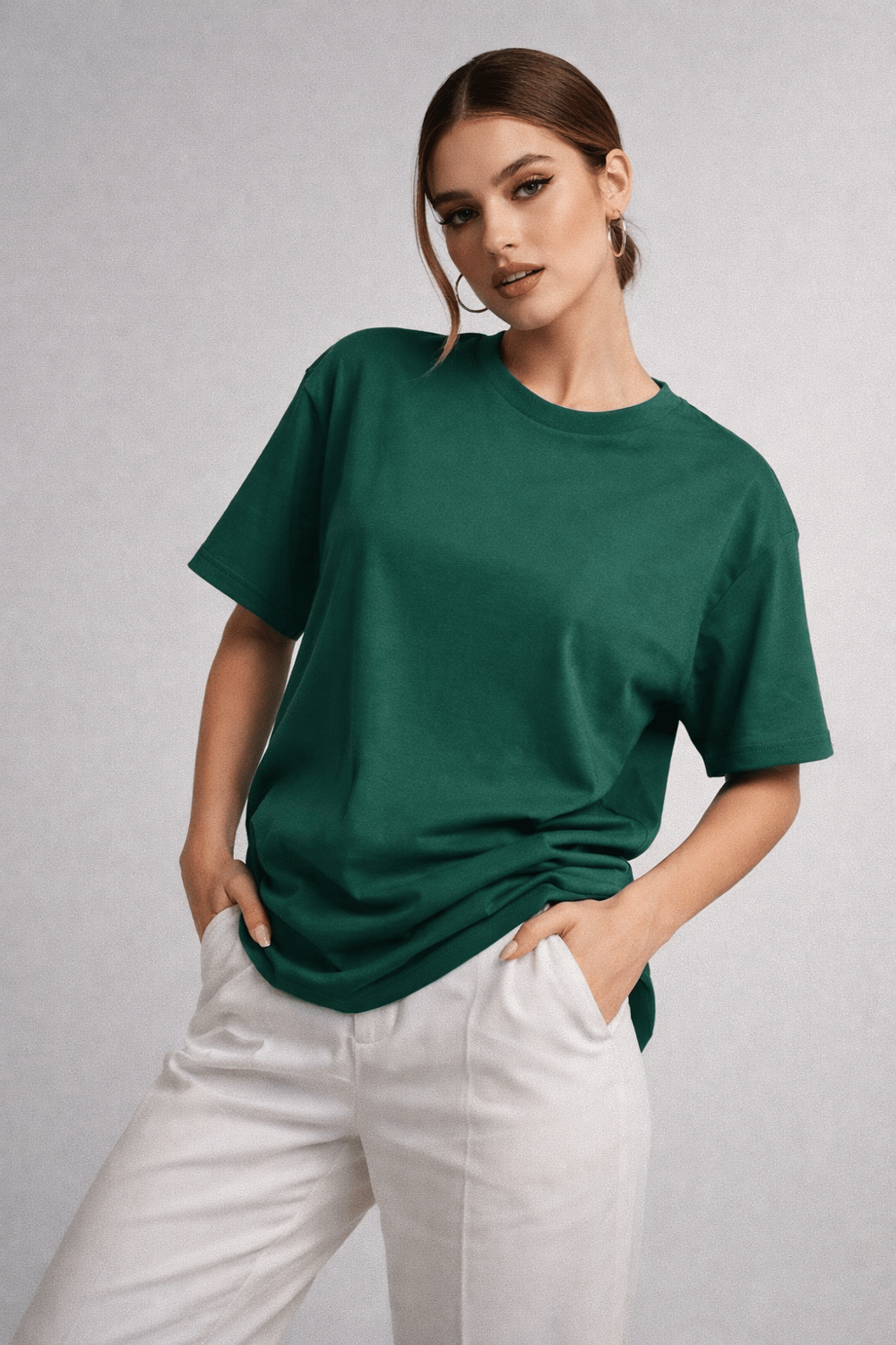 Kadın Yeşil Bisiklet Yaka Oversize Pamuklu Tişört