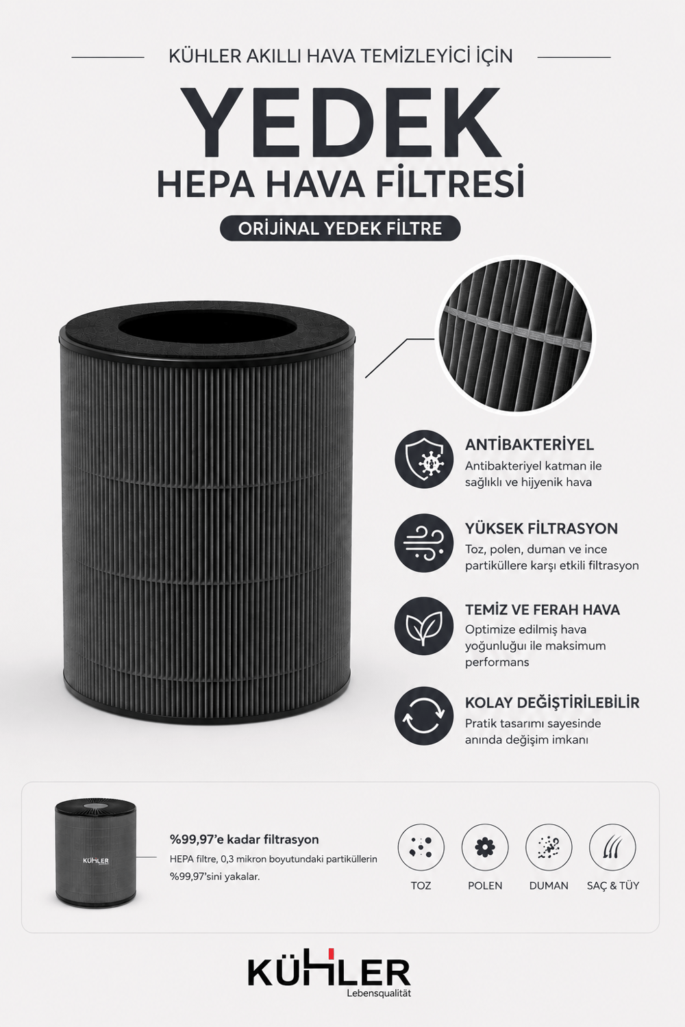 Kühler ClearAura KH-V7777 H13 HEPA Yedek Filtre | Orijinal Hava Temizleyici Filtresi Gri