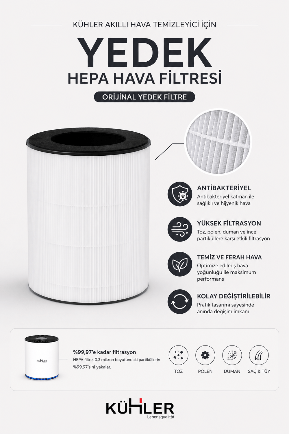 Kühler ClearAura KH-V7777 H13 HEPA Yedek Filtre | Orijinal Hava Temizleyici Filtresi Beyaz