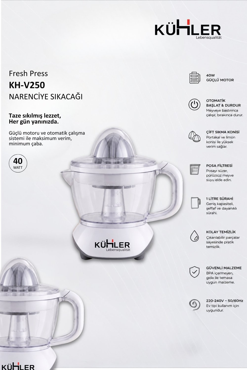 Kühler Fresh Press Elektrikli Narenciye Sıkacağı 40W | 0,7 L Hazneli Portakal, Limon ve Greyfurt Sıkacağı KH-V250