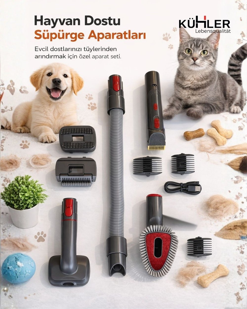 Kühler Süpürgeye Takılan Tüy Toplama – Tıraş Makinesi | Kedi & Köpek İçin Elektrikli Grooming Seti – Kedi Köpek Tüy Temizleme Seti