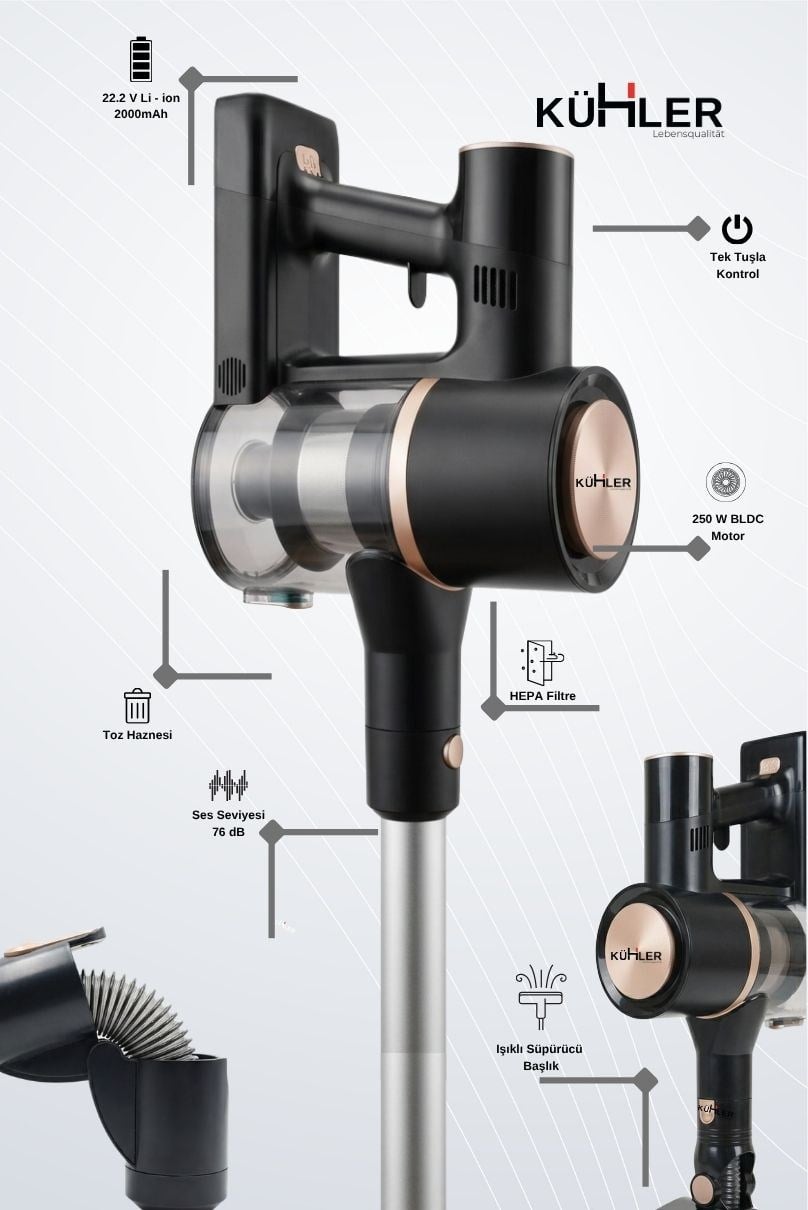 KÜHLER Titan KH-V400 Dikey Şarjlı Süpürge Esnek Borulu Güçlü Emiş Kablosuz