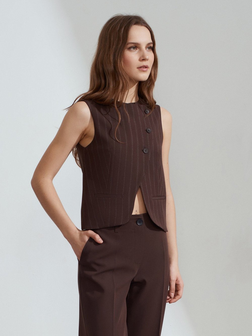 Asymmetric Buttoned Brown Vest