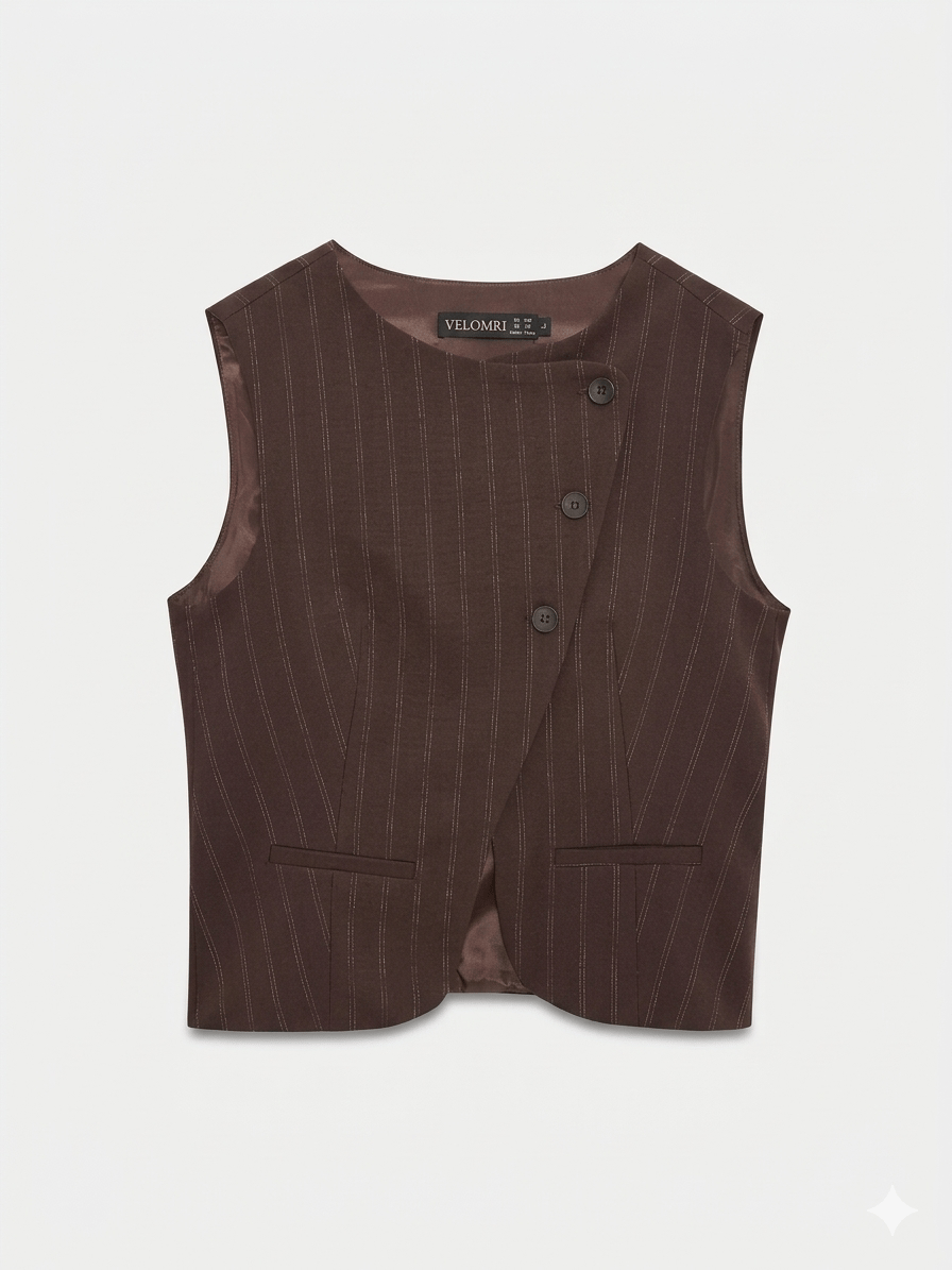 Asymmetric Buttoned Brown Vest