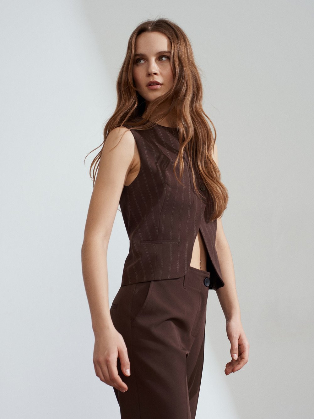 Asymmetric Buttoned Brown Vest