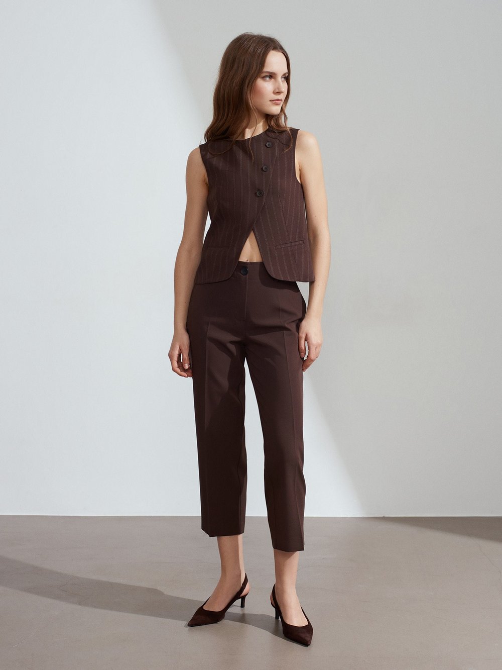 Asymmetric Buttoned Brown Vest