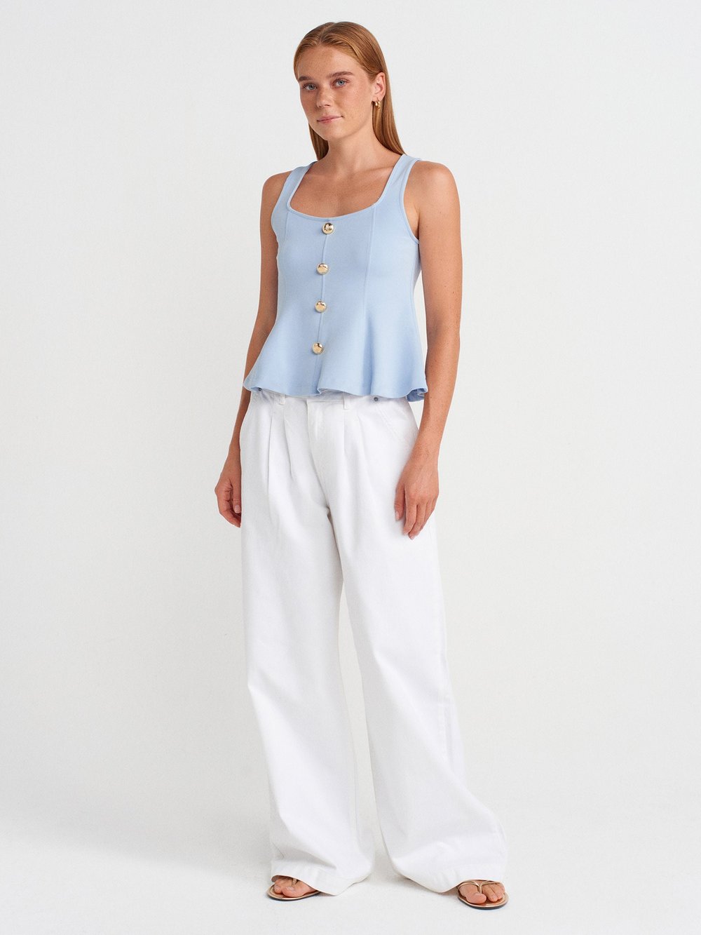 Buttoned Peplum Light Blue Top