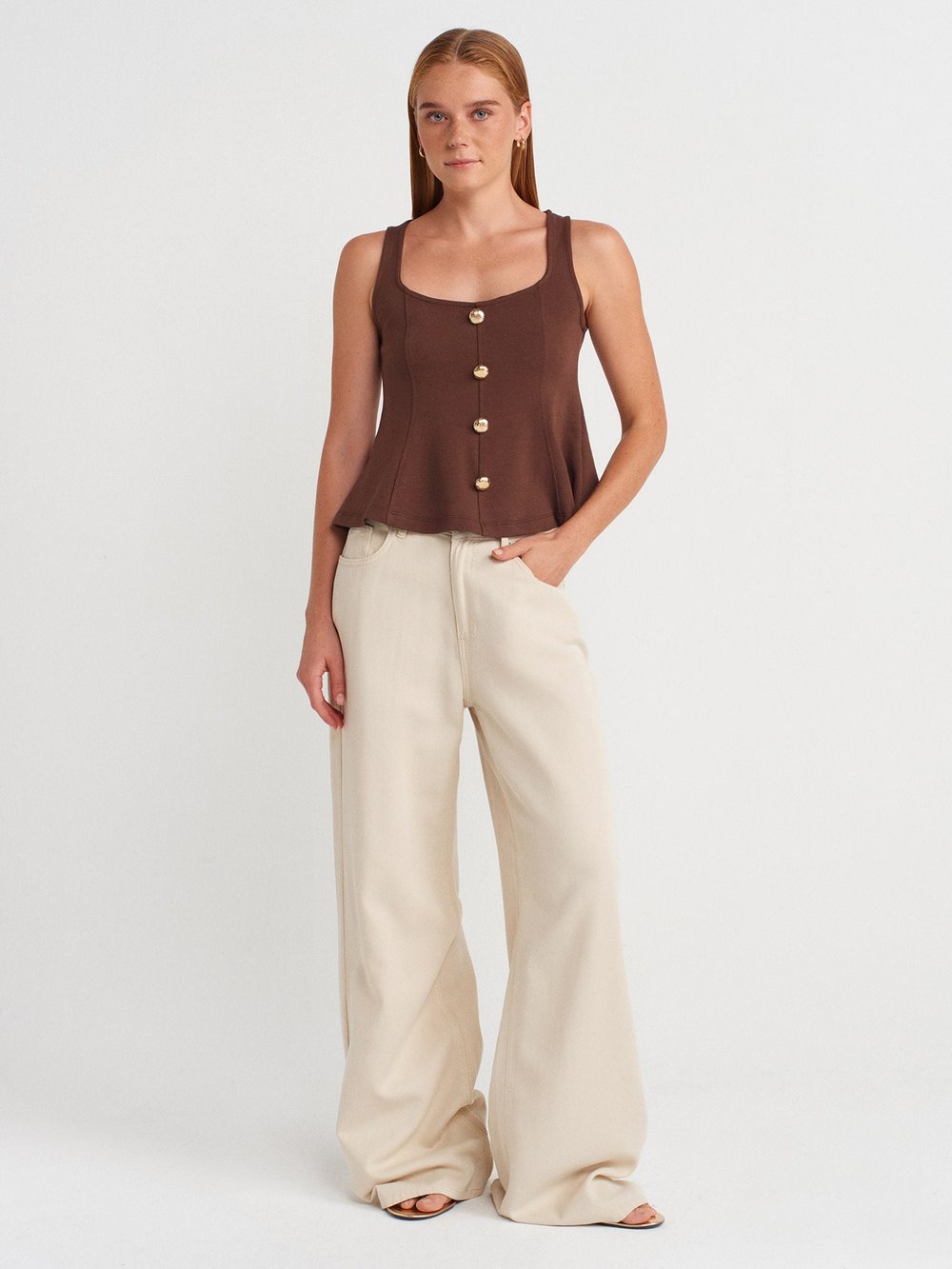 Buttoned Peplum Light Brown Top