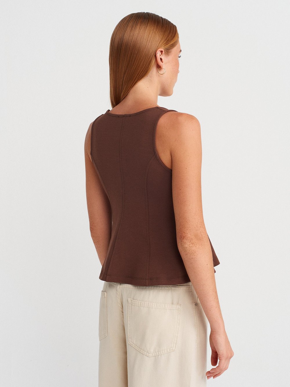 Buttoned Peplum Light Brown Top