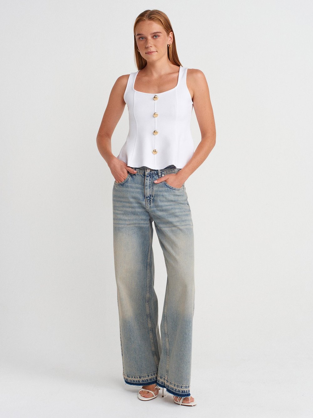 Buttoned Peplum Light White Top