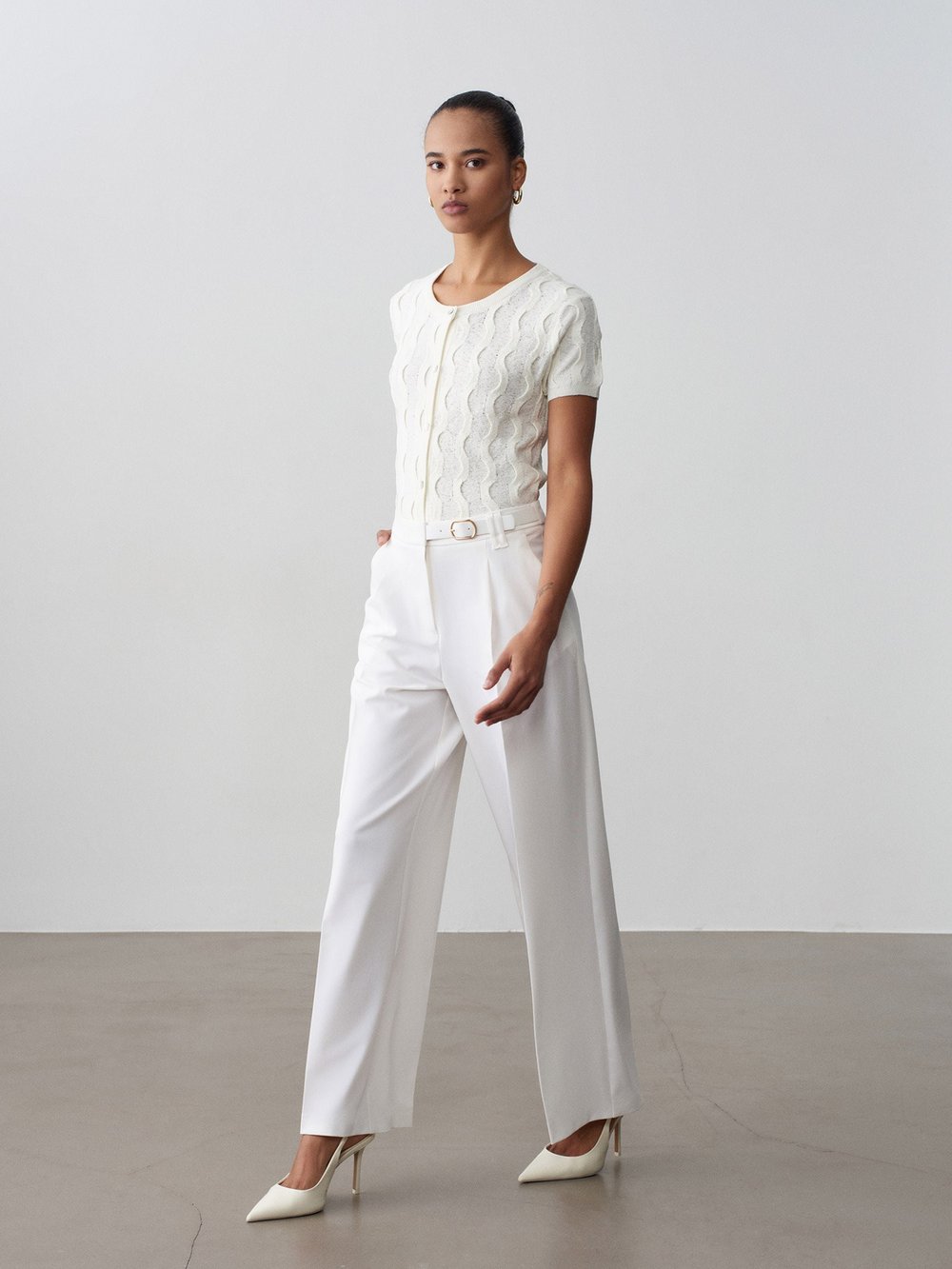 Mid Rise Belted Trousers Light Stone