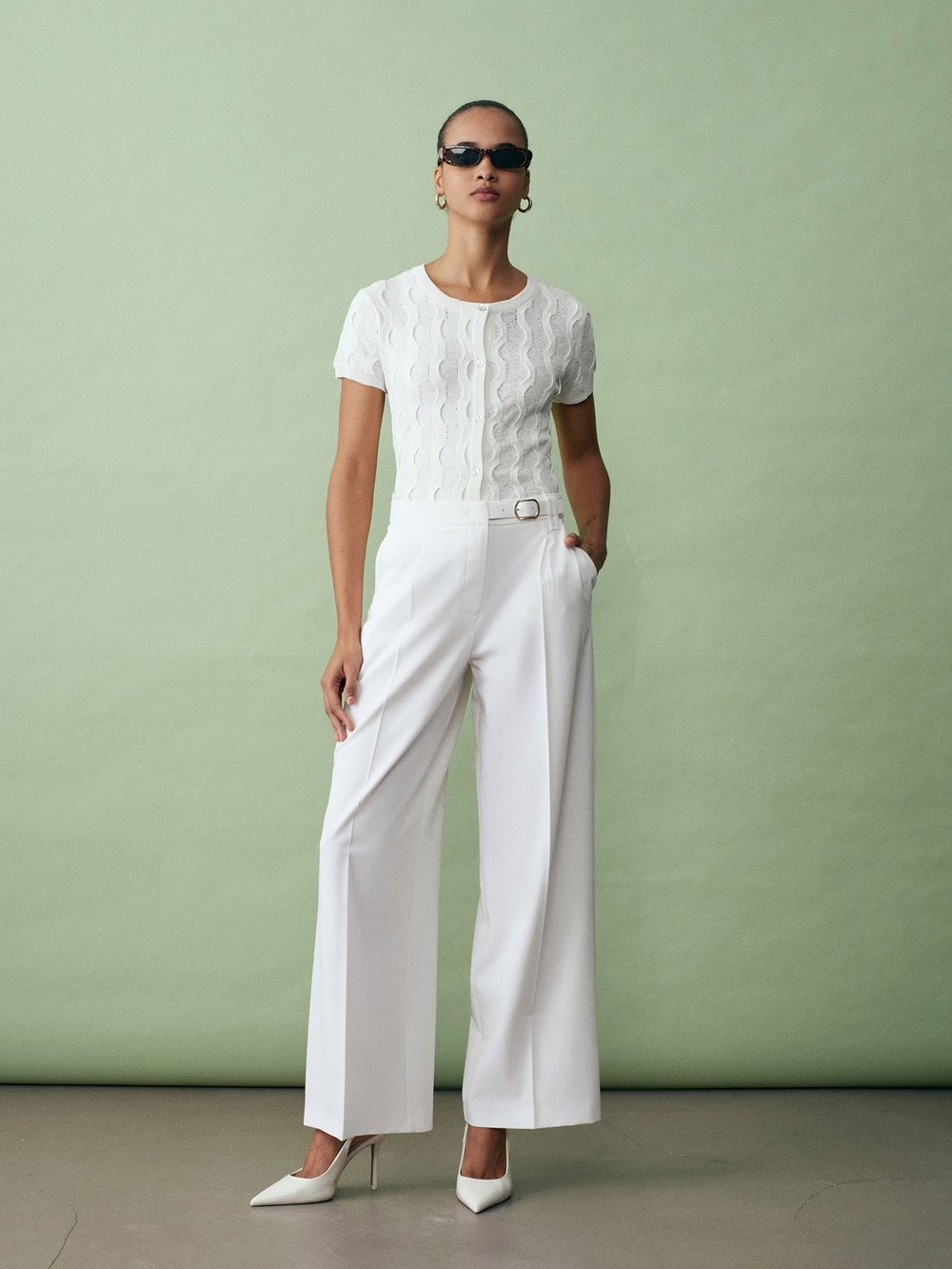 Mid Rise Belted Trousers Light Stone