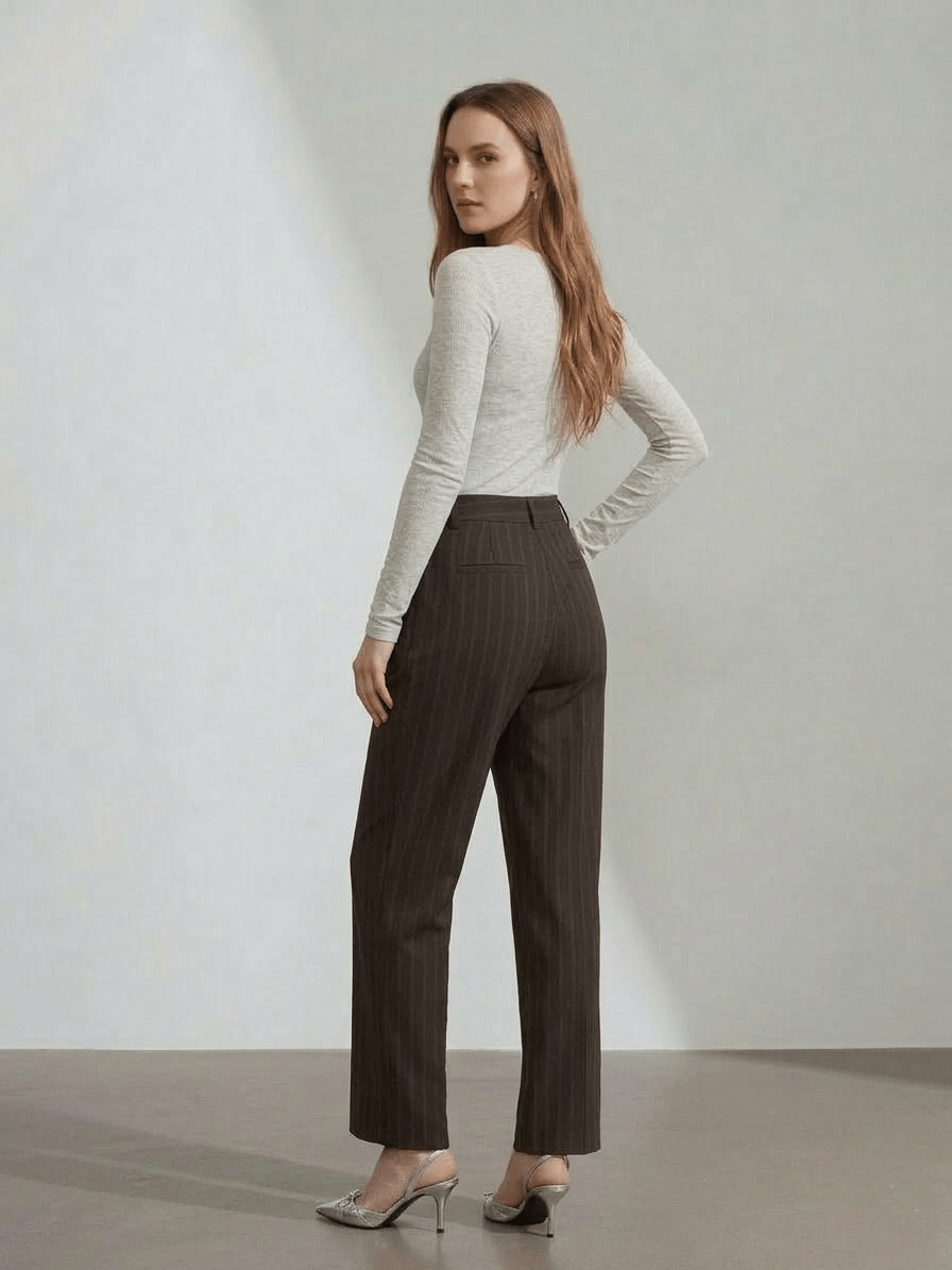 Pleated Straight Leg Brown Trousers