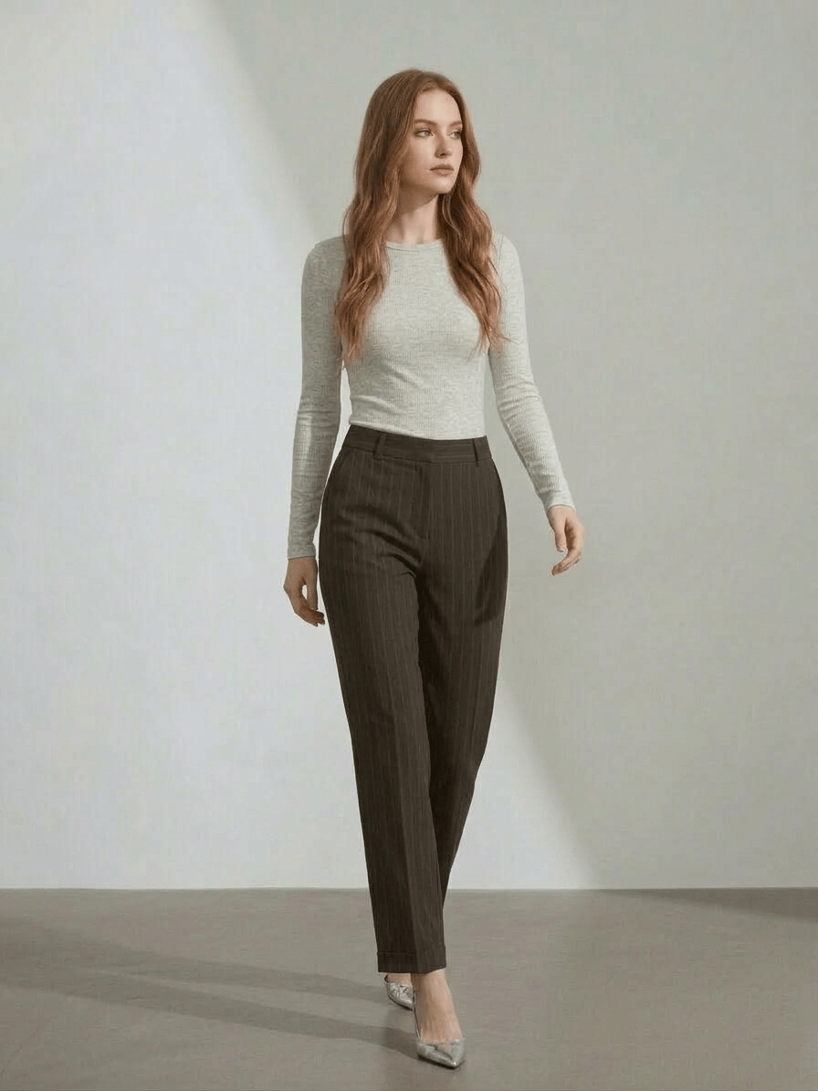 Pleated Straight Leg Brown Trousers
