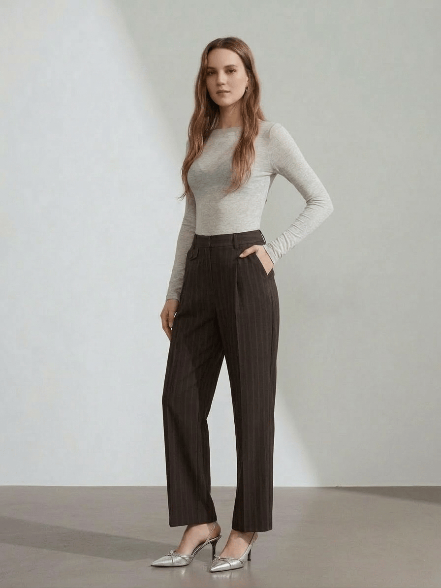 Pleated Straight Leg Brown Trousers