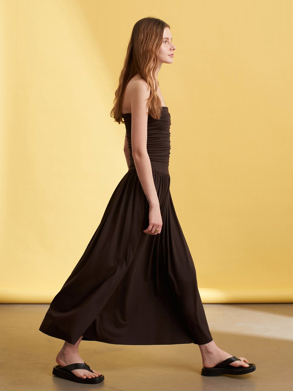 Strapless Ruched Dress Dark Brown