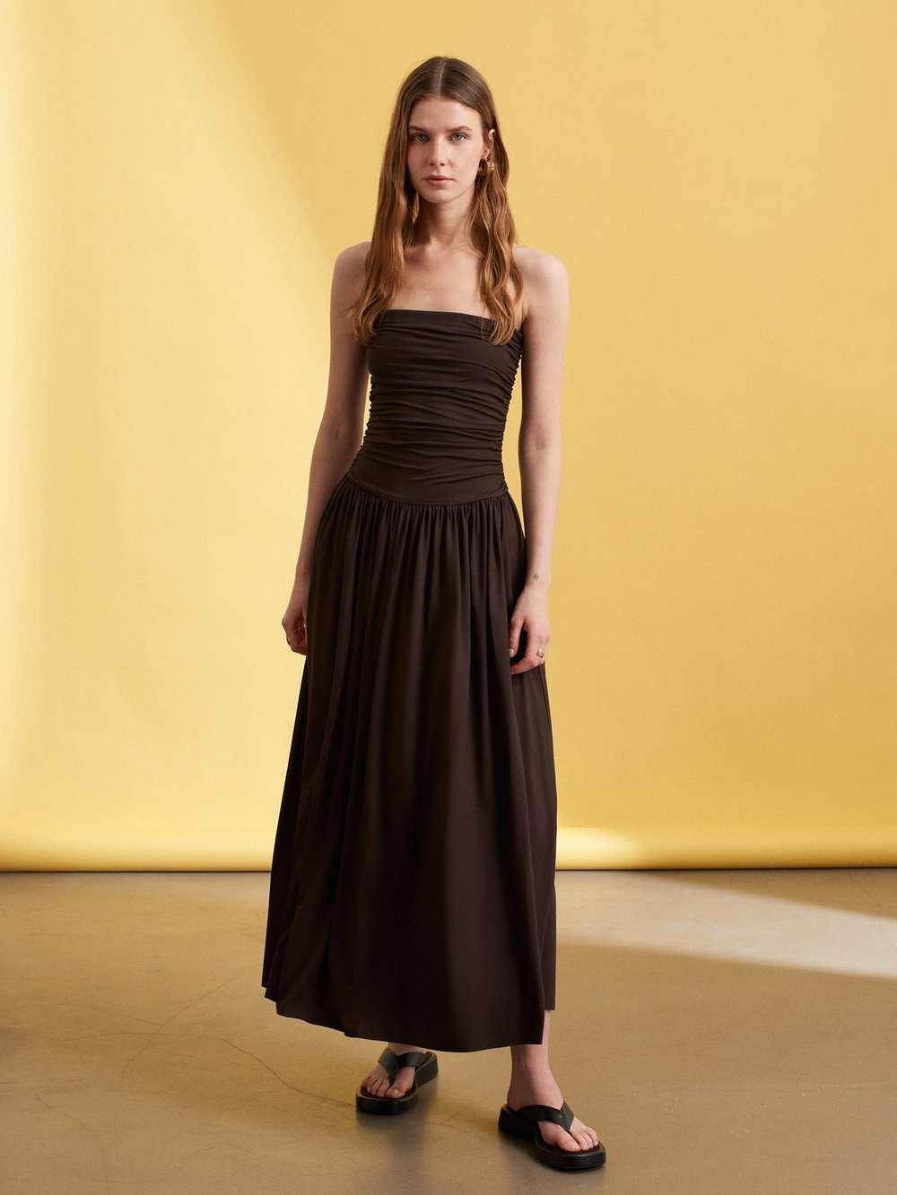 Strapless Ruched Dress Dark Brown