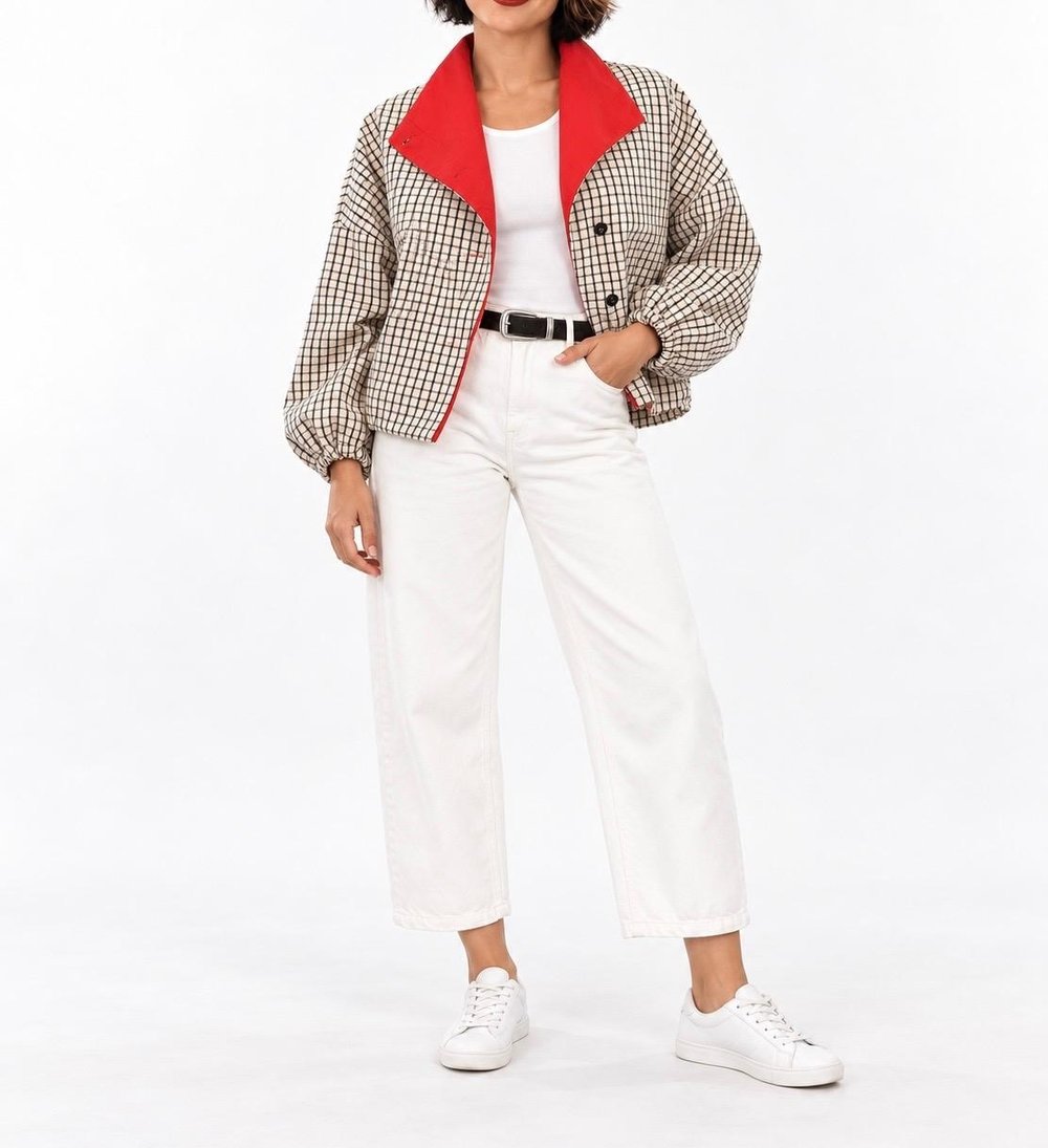 Bej Kareli Bomber Ceket
