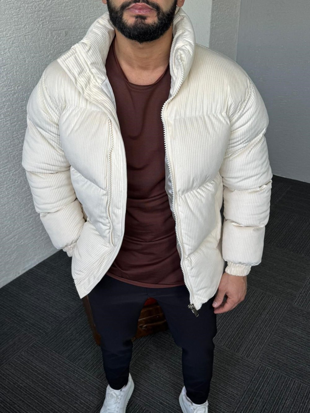 Bej Kadife Fitilli Şişme Mont