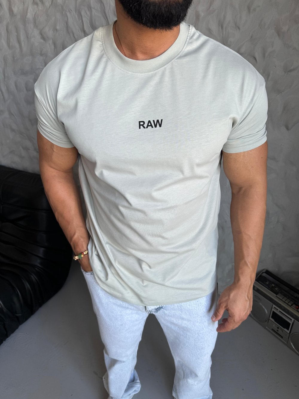 Bej RAW Baskı Kollar Omuz Dar Kesim Oversize Tişört