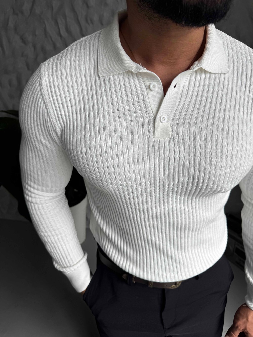 Beyaz Premium Fitilli Polo Triko