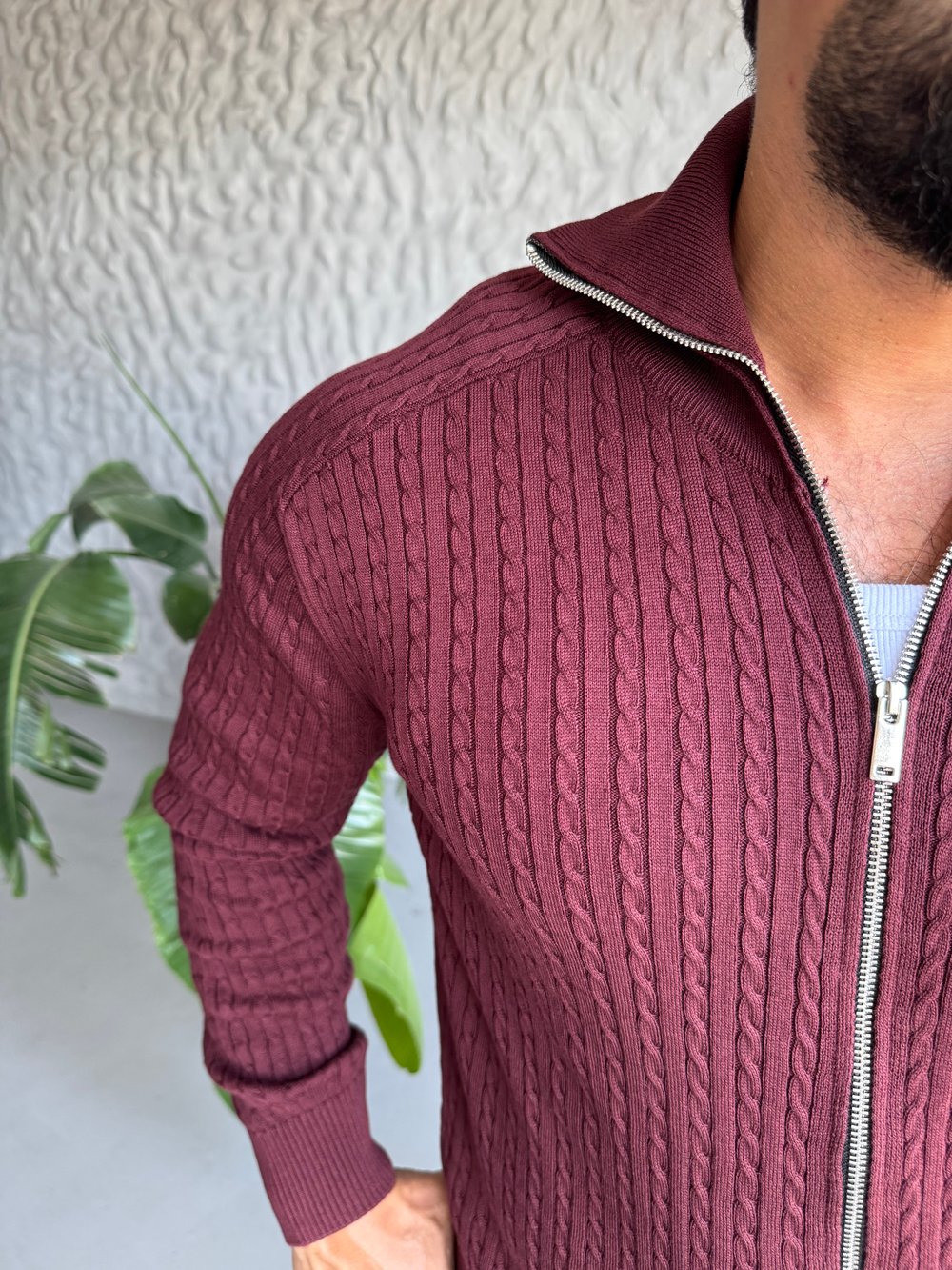 Bordo Örgü Detay Hırka Modeli