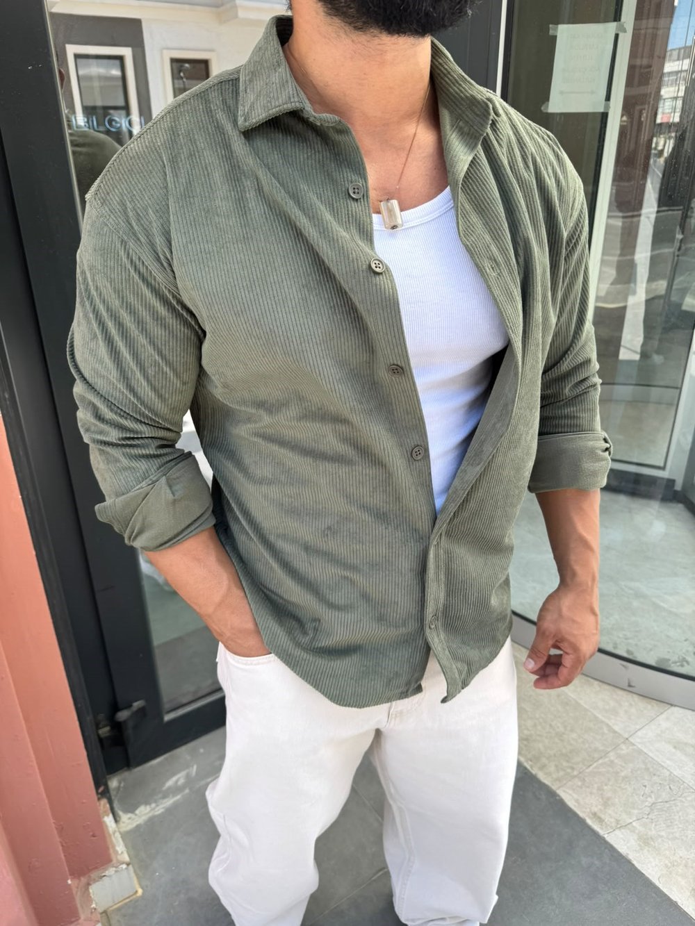 Haki Kadife Gömlek Modeli